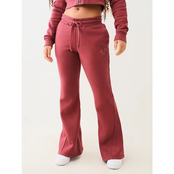 NWT True Religion Joey Mid Rise Big T Flare Sweat‎ Pants Red Women’s Size Large - Picture 1 of 9